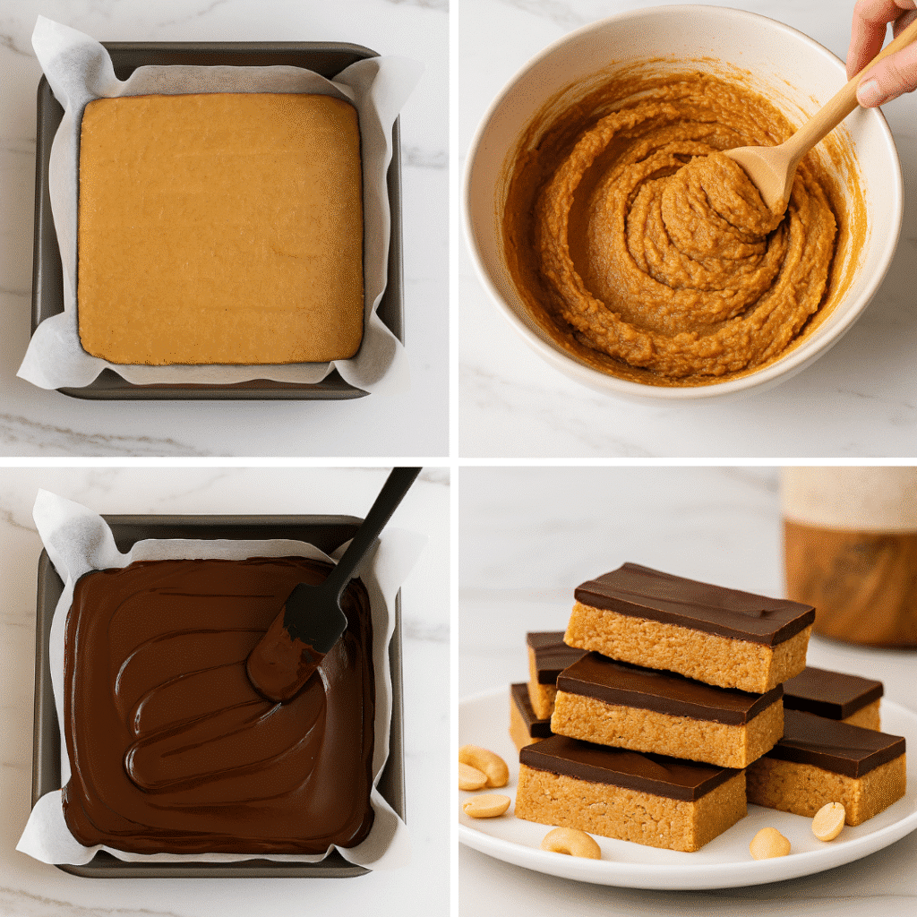 Step-by-step collage showing how to make homemade protein bars with a chocolate topping, including mixing, pressing, spreading chocolate, and sliced bars.