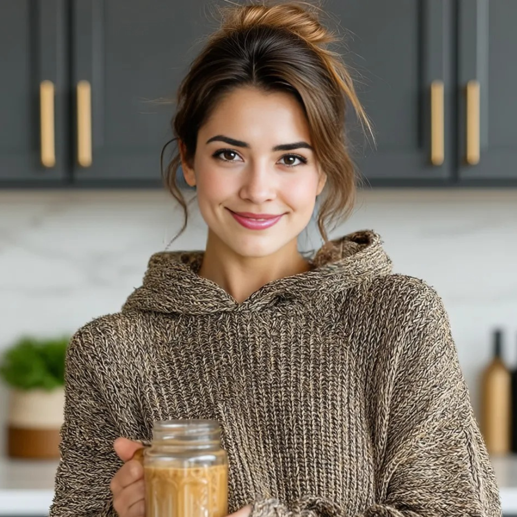 Amy, founder of SavoringDish, smiling in a cozy sweater and holding a glass mug of protein coffee in a modern kitchen.