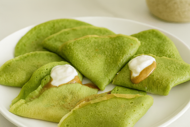 A stack of pancakes from a spinach oat pancakes protein recipe, topped with yogurt and berries.