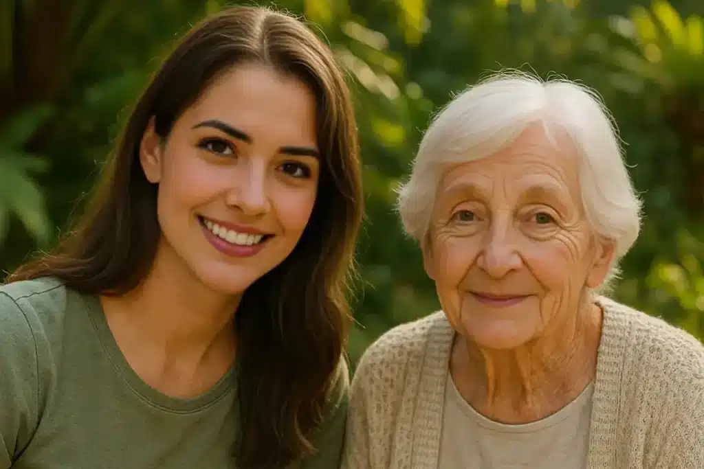 Next to my grandmother in a her outdoor setting, cherishing a heartfelt moment together.