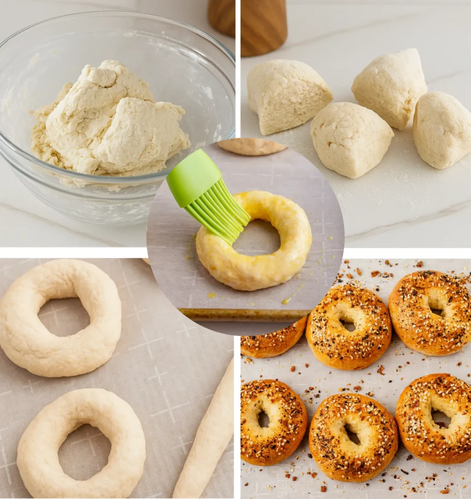 Step-by-step process of making homemade protein bagels, from mixing dough to shaping, brushing with egg wash, and baking into golden brown bagels topped with seasoning.