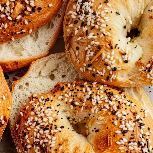 Delicious protein bagels sliced with cream cheese.