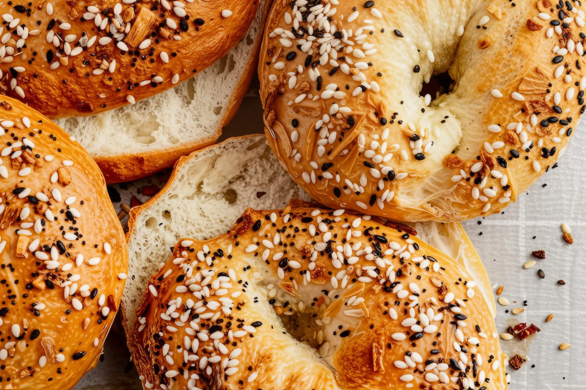 Delicious protein bagels sliced with cream cheese.