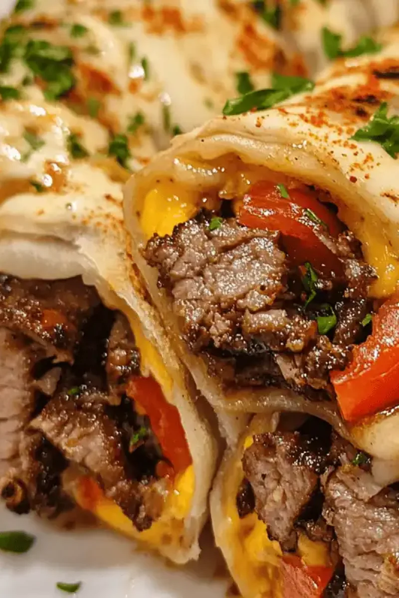 Crispy philly cheesesteak egg rolls on a plate